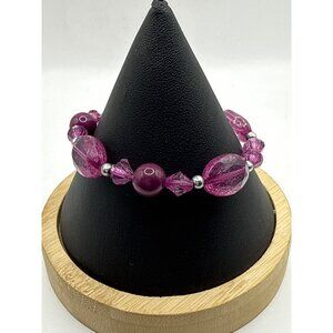 Purple Beaded Stretch Bracelet With Silver Accents